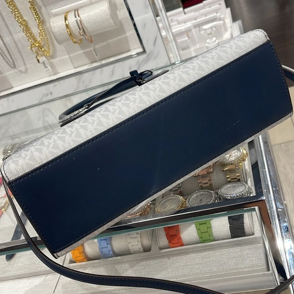 MICHAEL KORS Sheila Medium Ombré Signature Logo CZ Satchel Crossbody Navy NWT
